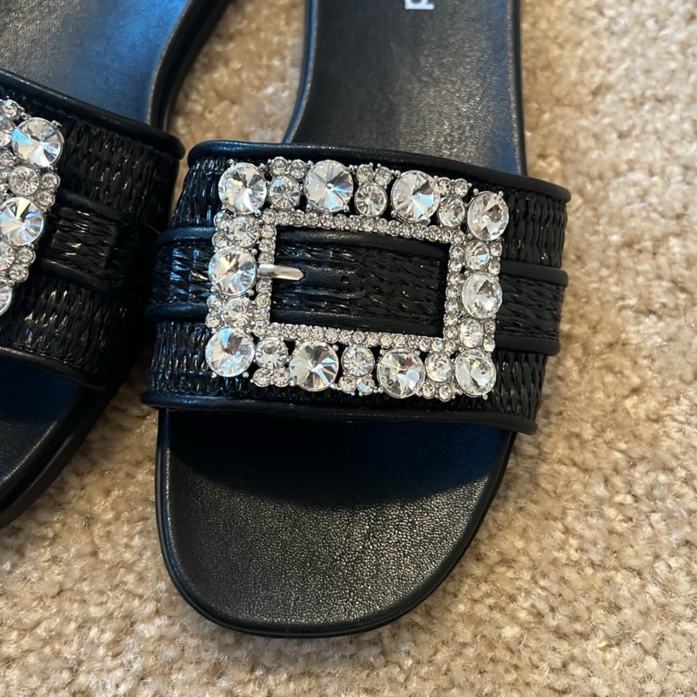 Abound Kayde jeweled rhinestone buckle raffia slide sandal black size 7 shoe - Picture 3 of 7